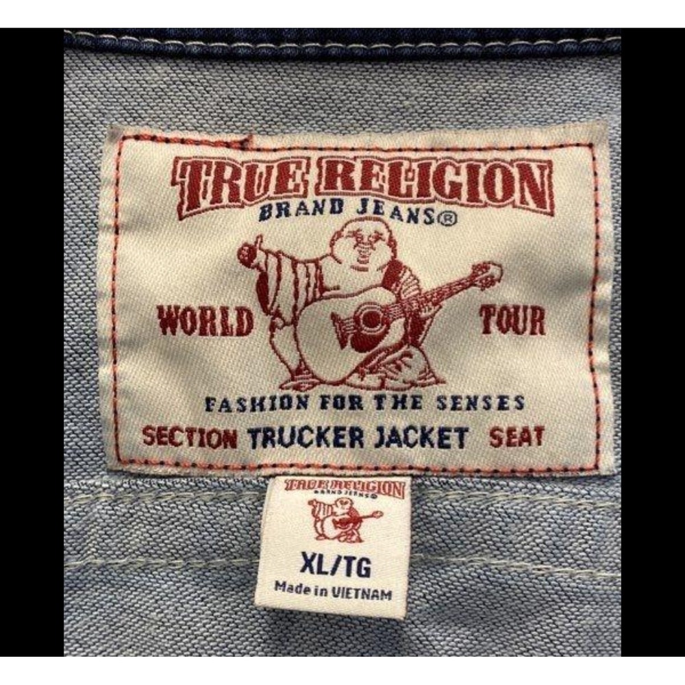 True Religion Denim Trucker Jacket Men's XL Dark Wash Button Front Striped Cuffs - Picture 5 of 9